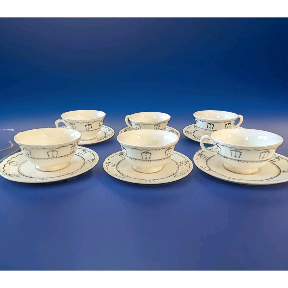 Antique Set Of 6 Pope Gosser Jewell Cup & Saucers White Platinum Trim Art Deco